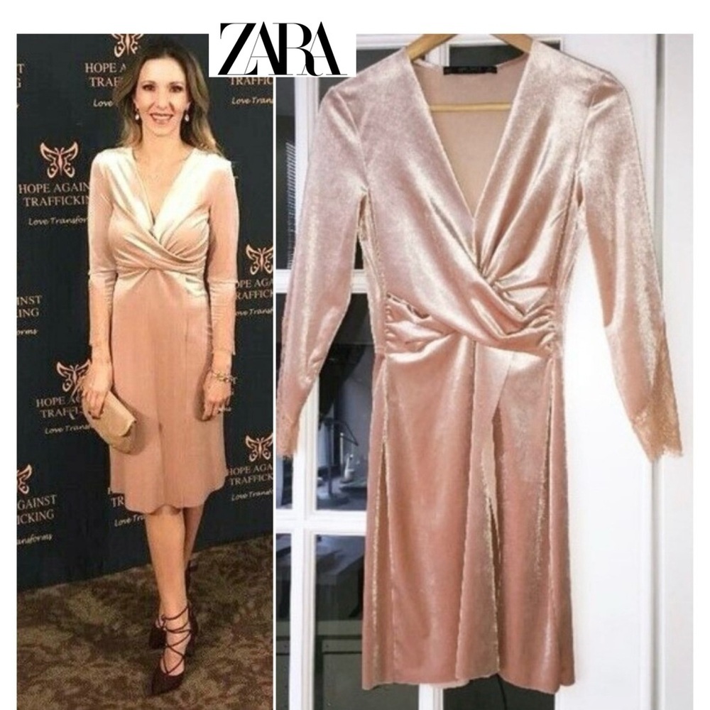 Zara nude blush pink velvet lace long sleeve V-neck wrap midi dress Sz L NWT